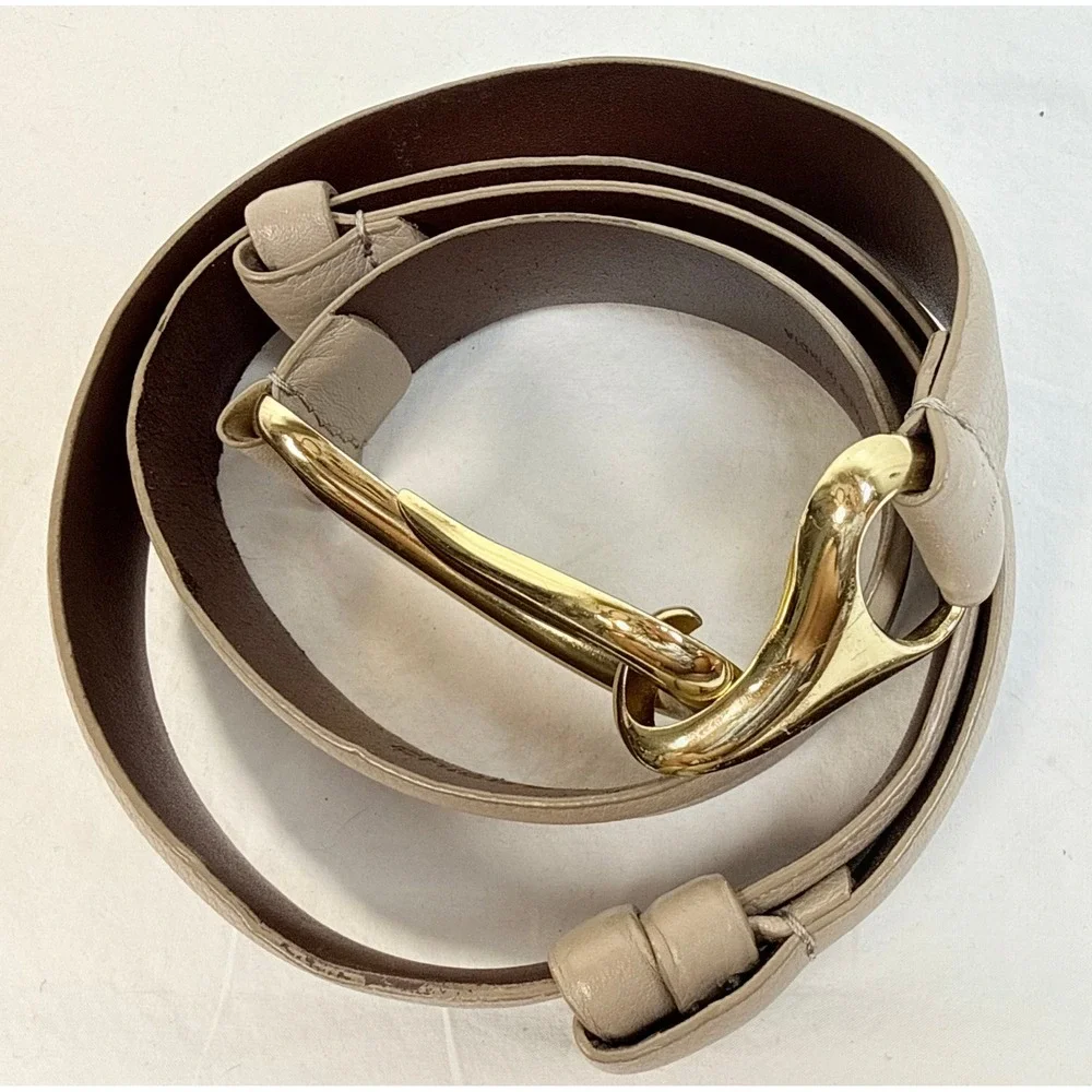 Chicos Taupe Genuine Leather Hook Belt Gold Hardware M/L Minimalist - Picture 9 of 9